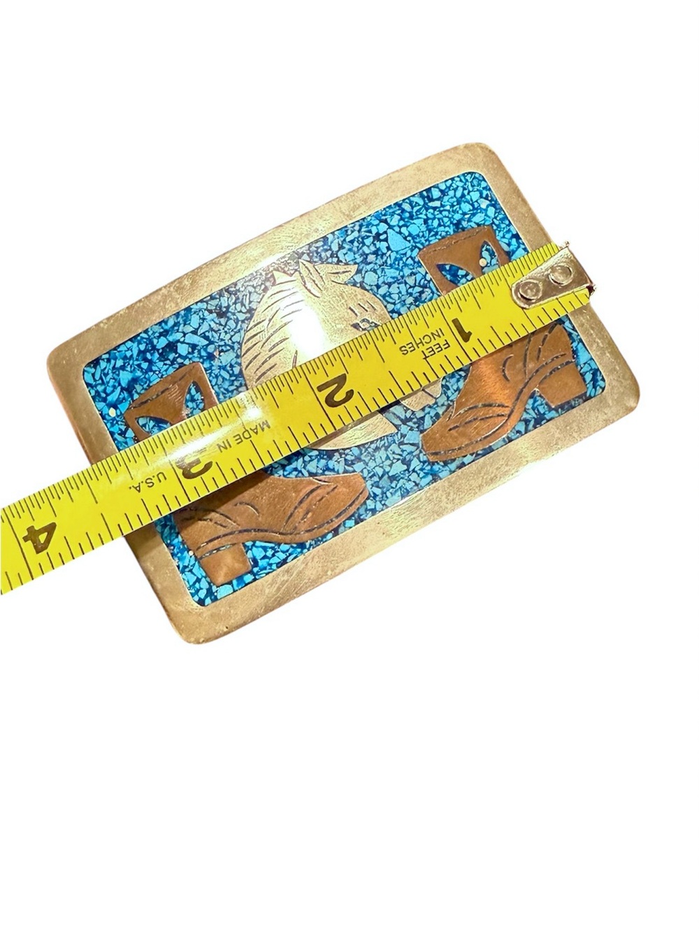 Vintage Southwestern Horse Head & Cowboy Boots Brass Belt Buckle Turquoise Inlay - Picture 4 of 7